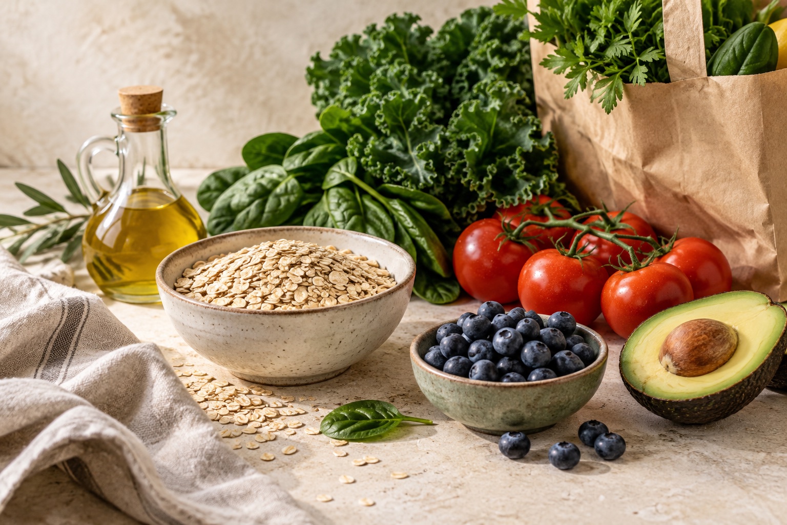 Oats, blueberries, avocado, leafy greens, tomatoes and olive oil on a warm stone table